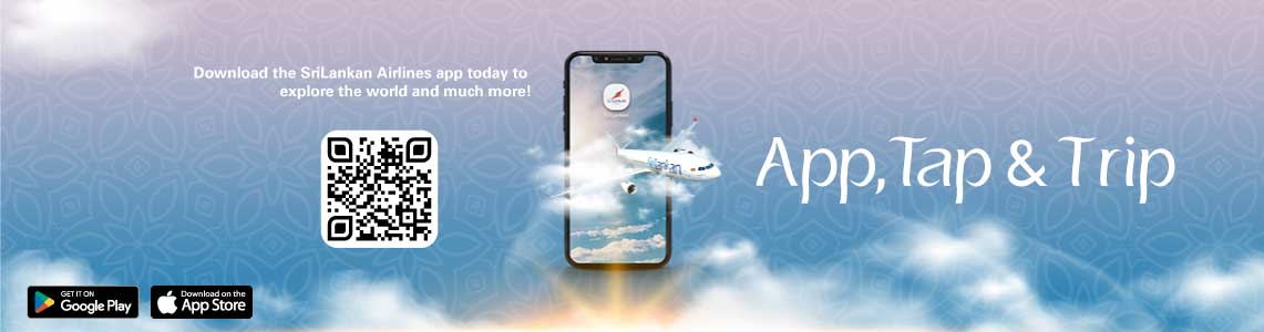 A mobile with the SriLankan booking app on its screen held by a hand on a tropical background