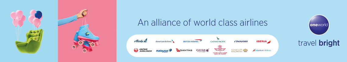 SriLankan Airlines flight flying over the oneworld logo with the oneworld partner logos on the left of the screen